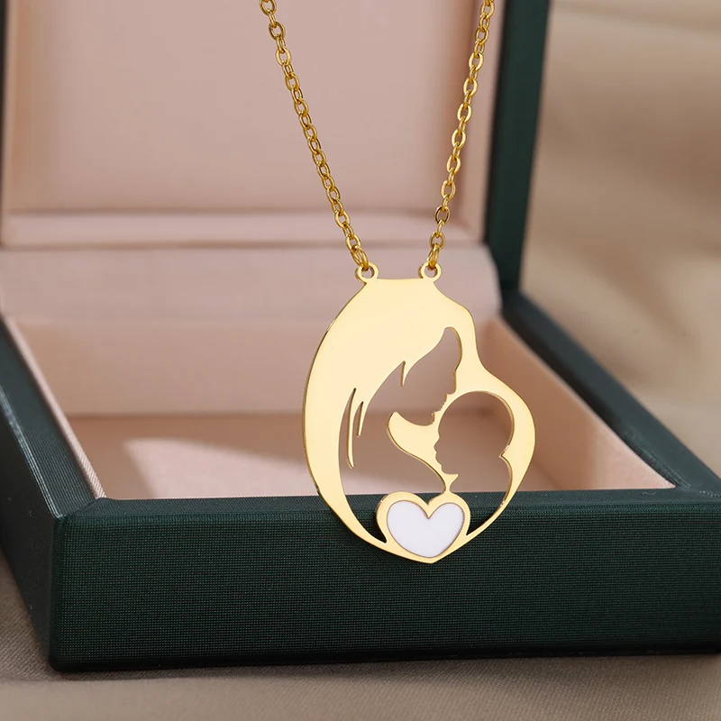 Vintage Baby Mother Mom Pendants Necklace Child Pregnant Heart Gold Color Stainless Steel Chain Gift For Women Jewelry