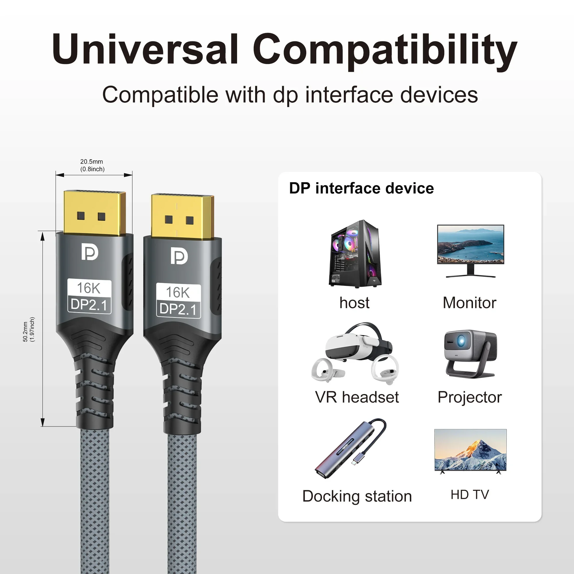 DisplayPort to DisplayPort Cable DP to DP Cable Supports 8K@60Hz,4K@240Hz Compatible For Monitor / Projector / HDTV