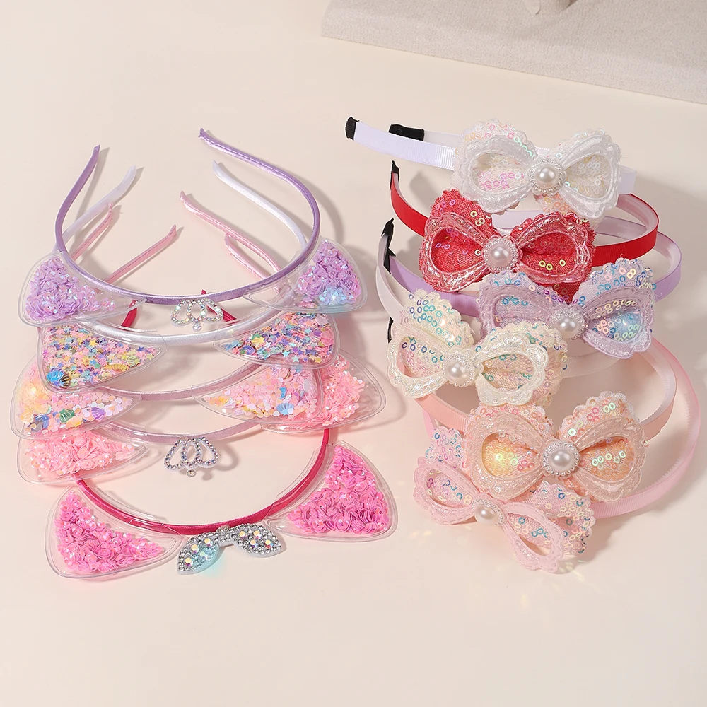 2pcs/lot Girls Head Band Hair Hoop Lovely Party Sequin Bowknot Hairband Transparent Ear Crown Flowing Sand Headband for Children