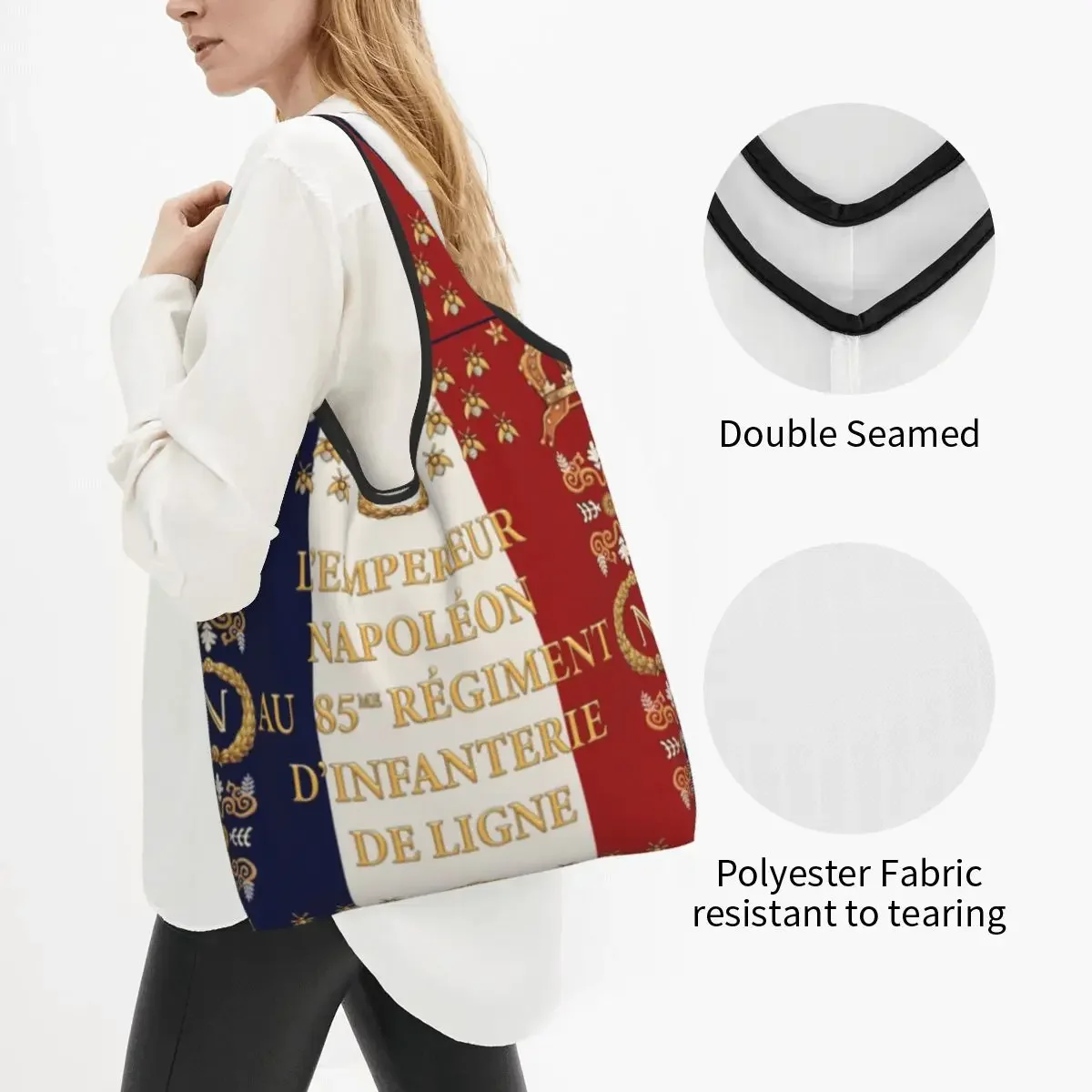 Cute Napoleonic French 85th Regimental Flag REMASTERED Shopping Tote Bag Portable Grocery Shopper Shoulder Bag