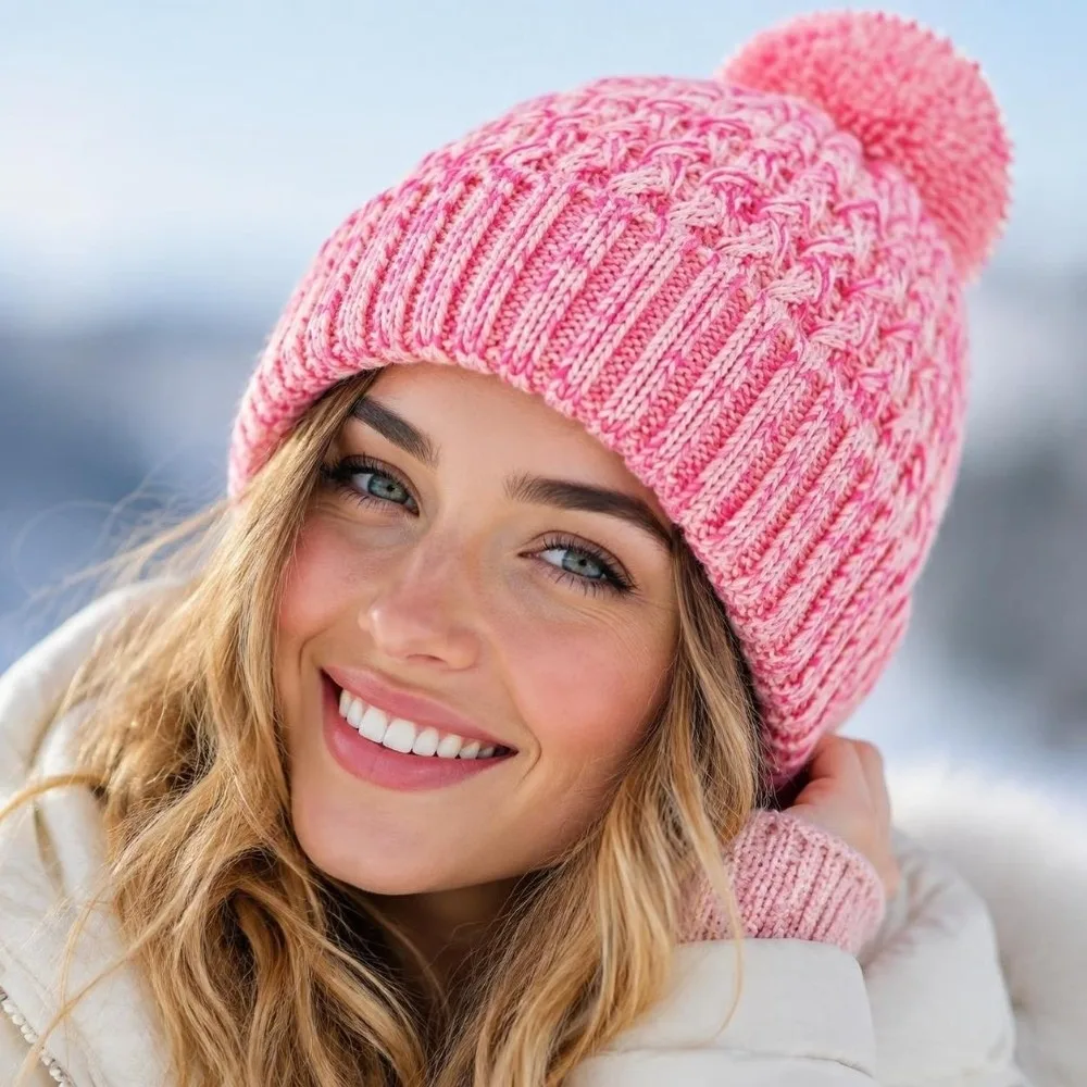 Colorful Knitted Beanie Hat Pullover Style Warm Fleece Lining Pom Pom Beanies Single Layer Knit Stretchy Fit Winter Skull Cap