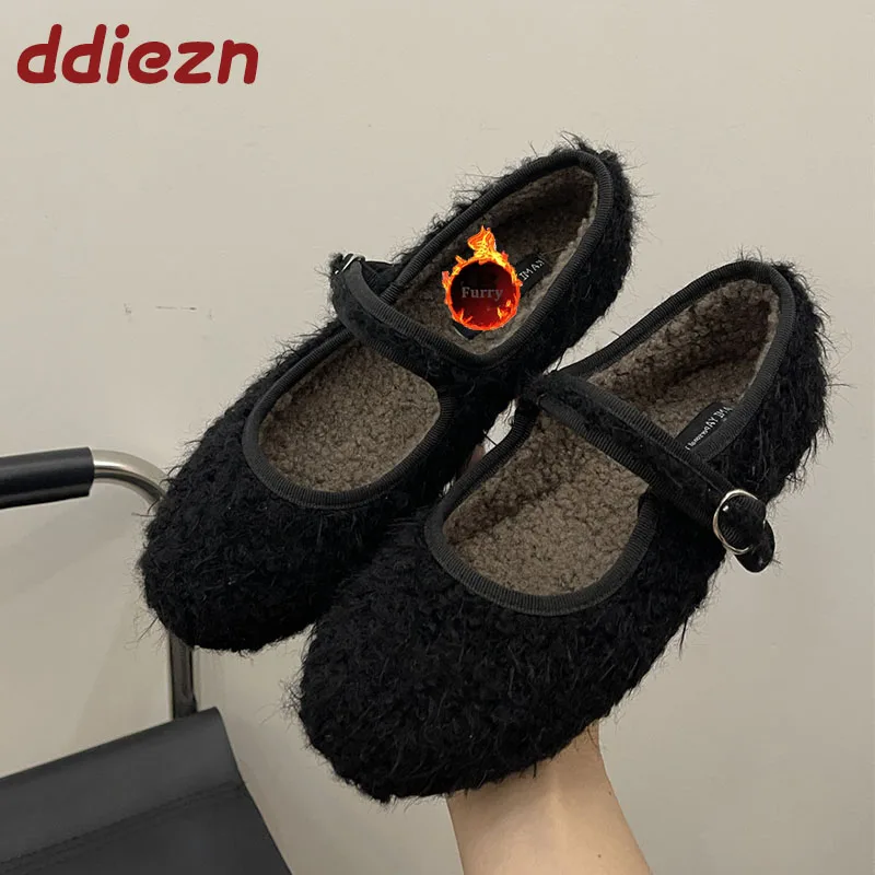 

Женская теплая обувь, модная плюшевая женская обувь Мэри Джейн на плоской подошве, женские балетки на меху с пряжкой и ремешком, зима-осень
