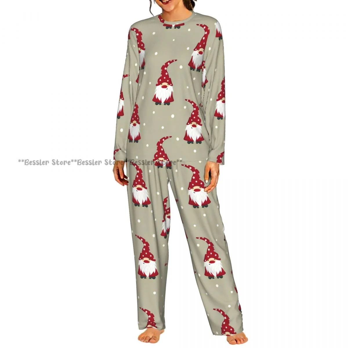 Women Round Neck Pajamas Set Christmas Gnomes Design Long Sleeve Tops + Long Pants