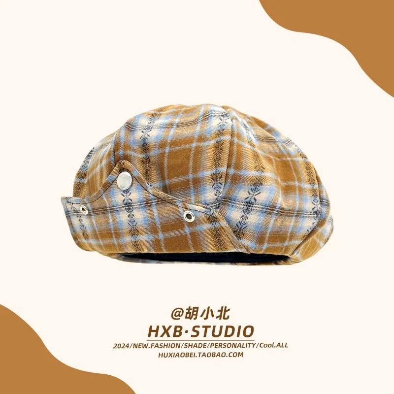 Japanese Y2k Retro Plaid Berets Casp for Women Spring and Autumn Korean Version Thin Casual Versatile Sweet Cloud Painter Hat