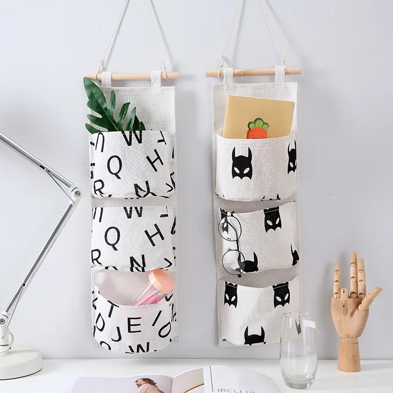 3 Pockets Cute Wall Mounted Storage Bag Closet Organizer Clothes Hanging Storage Bag Children Room Pouch Home Decor