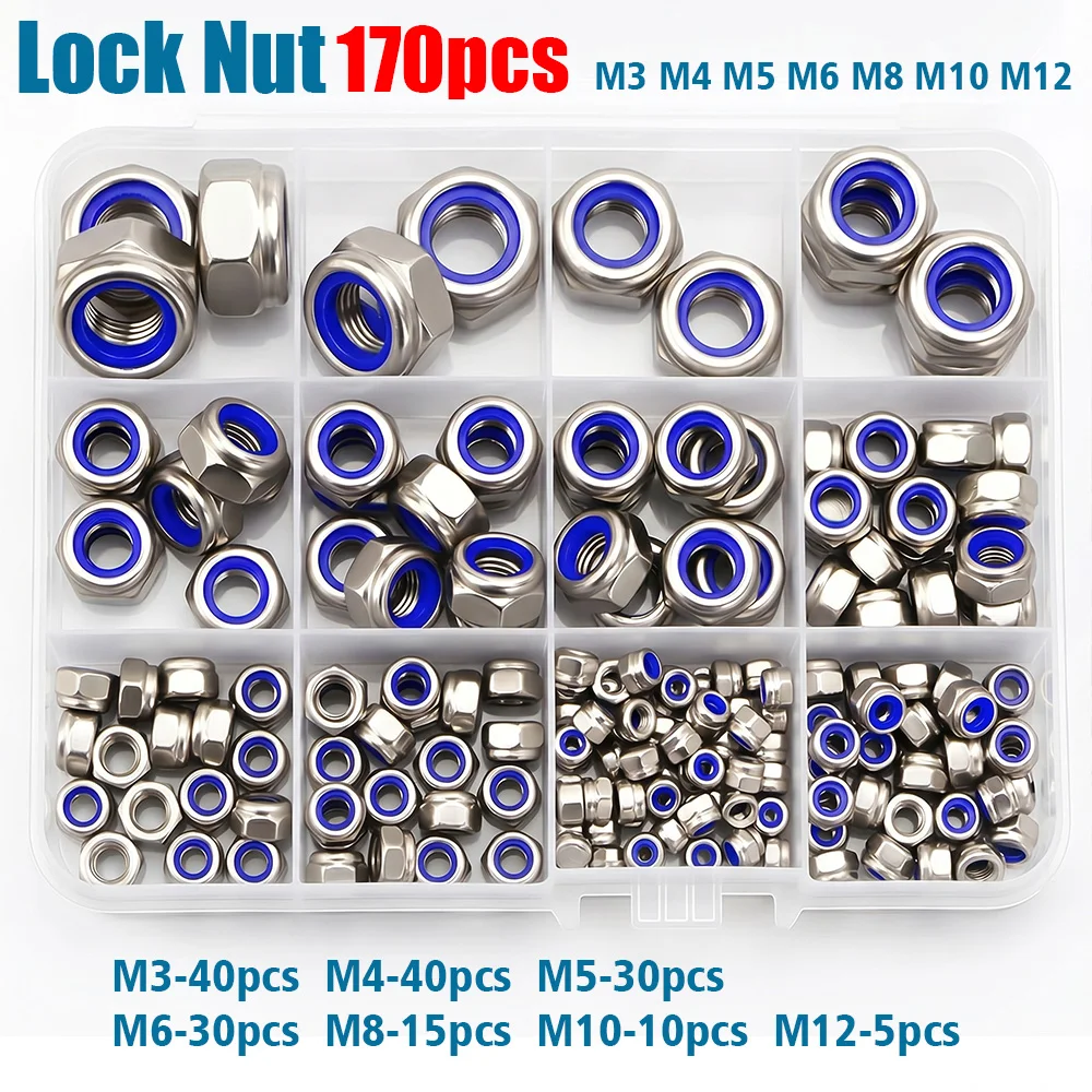 

170pcs Stainless Steel Nylon Insert Lock Nuts M3-M12, built-in nylon ring, effective vibration resistance and anti-loosening.