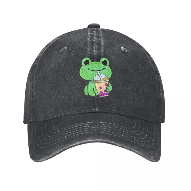 Frog Drinking Denim Baseball Cap Bubble Tea Gym Trucker Hat Spring Sun-Proof Man Cool Print Snapback Cap