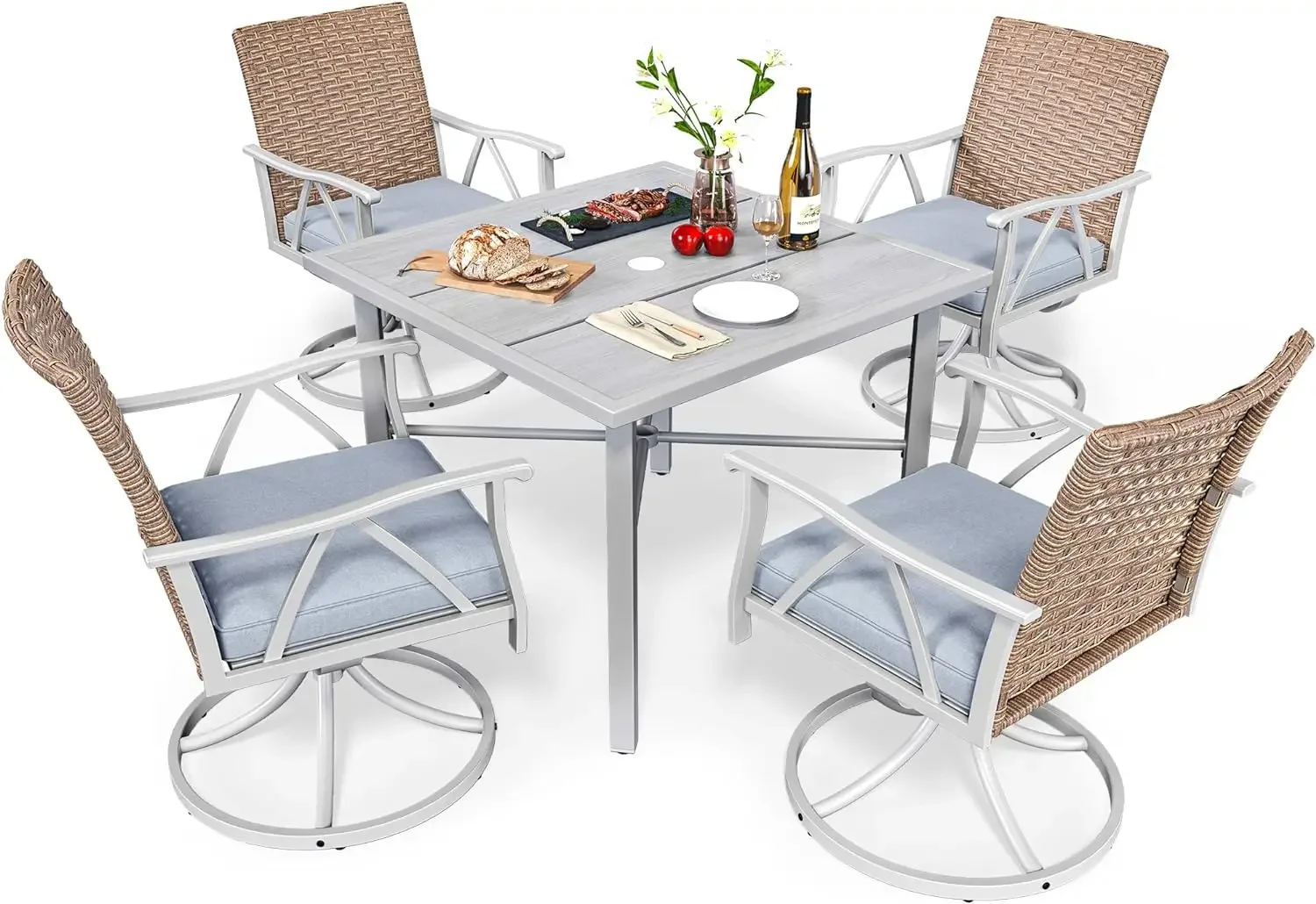 

5Piece Patio Dining Set, Outdoor Wicker Conversation Furniture w/4 Swivel Dining Chairs& 2" Umbrella Hole Imitation Dining Table