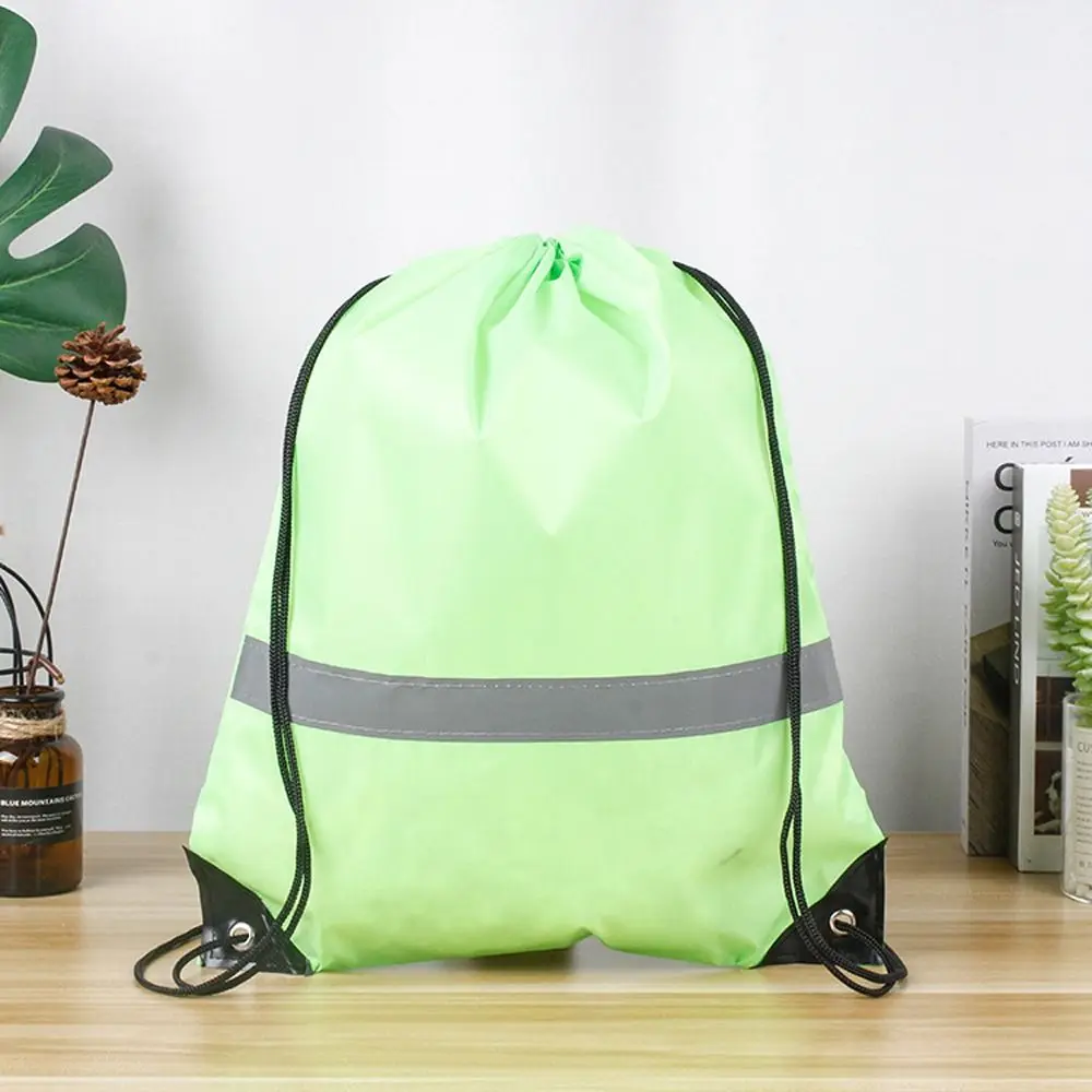 Reflective Stripe Drawstring Gym Backpack 210D Polyester Waterproof Nylon Sports Shoulder Bag All-Match Foldable Fitness Handbag