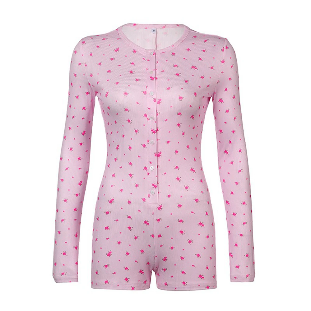 المرأة اليوغا طويلة الأكمام الأزهار حللا س الرقبة زر الوردي سليم صالح تمتد قطعة واحدة Playsuits رومبير مثير اللياقة البدنية ملابس المنزل #6