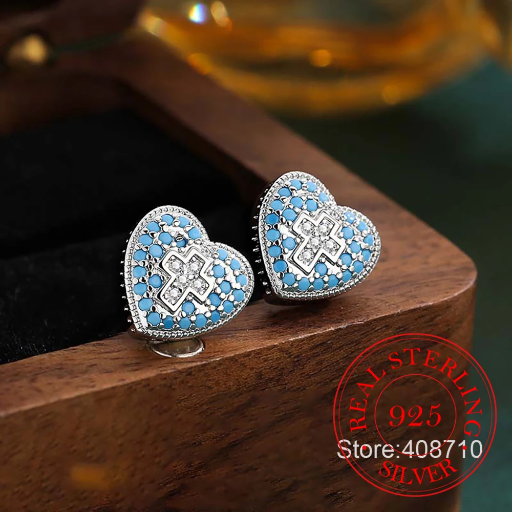 

Серьги-гвоздики из стерлингового серебра 925 пробы с голубым бирюзовым кристаллом в форме креста и сердца для женщин, свадебные украшения, подарок для девушки/подруги