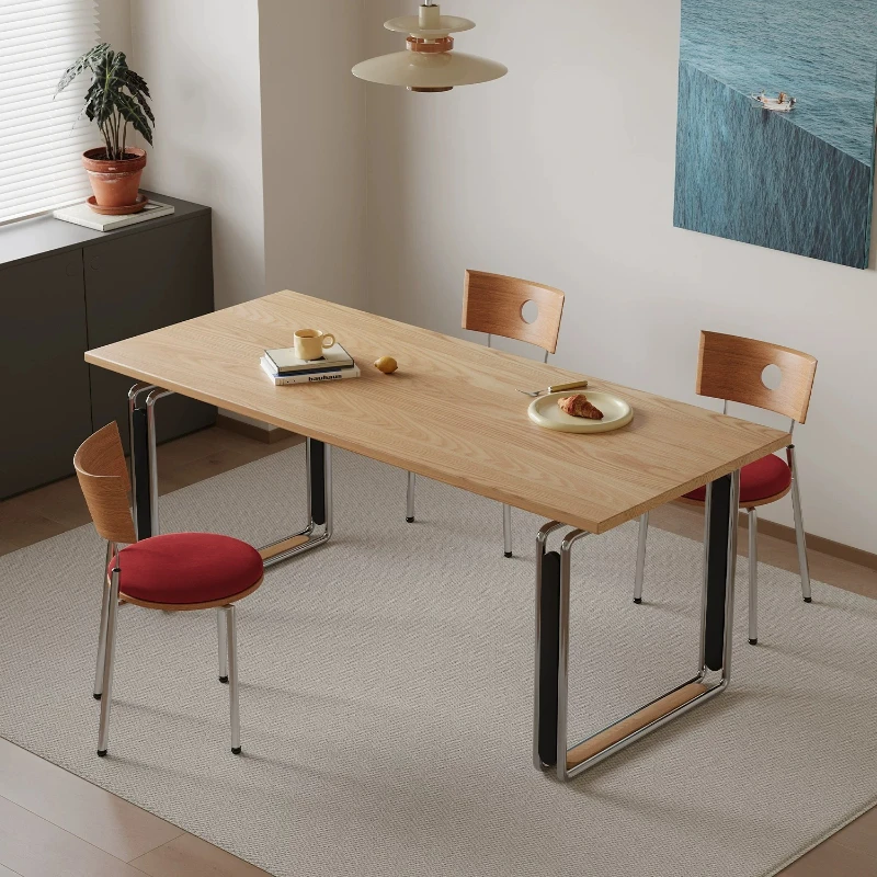 Solid wood dining table, antique household rectangular stainless steel desk, small apartment office simple workbench