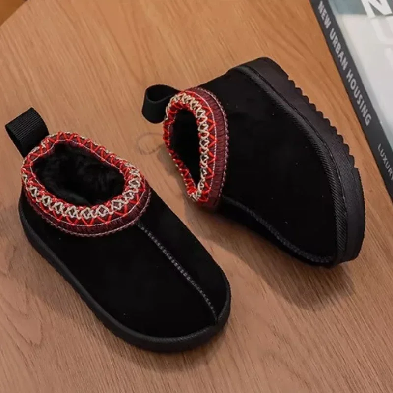 Winter Children Low-top Snow Boots Baby Genuine Leather Boots Girls Retro Thicken Fur Snow Boots Boys Anti-slip Winter Shoes