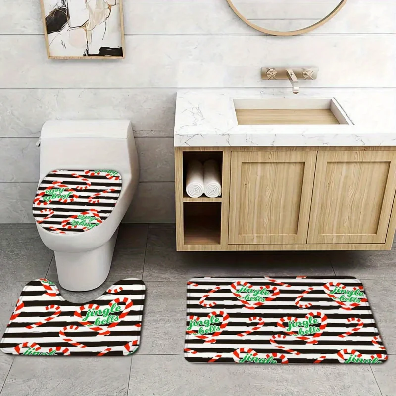 3-Piece Christmas Holiday Bathroom Rug Set - Knit Fabric, Non-Slip, Absorbent, Soft Polyester Bath Mats with Festive Candy Cane