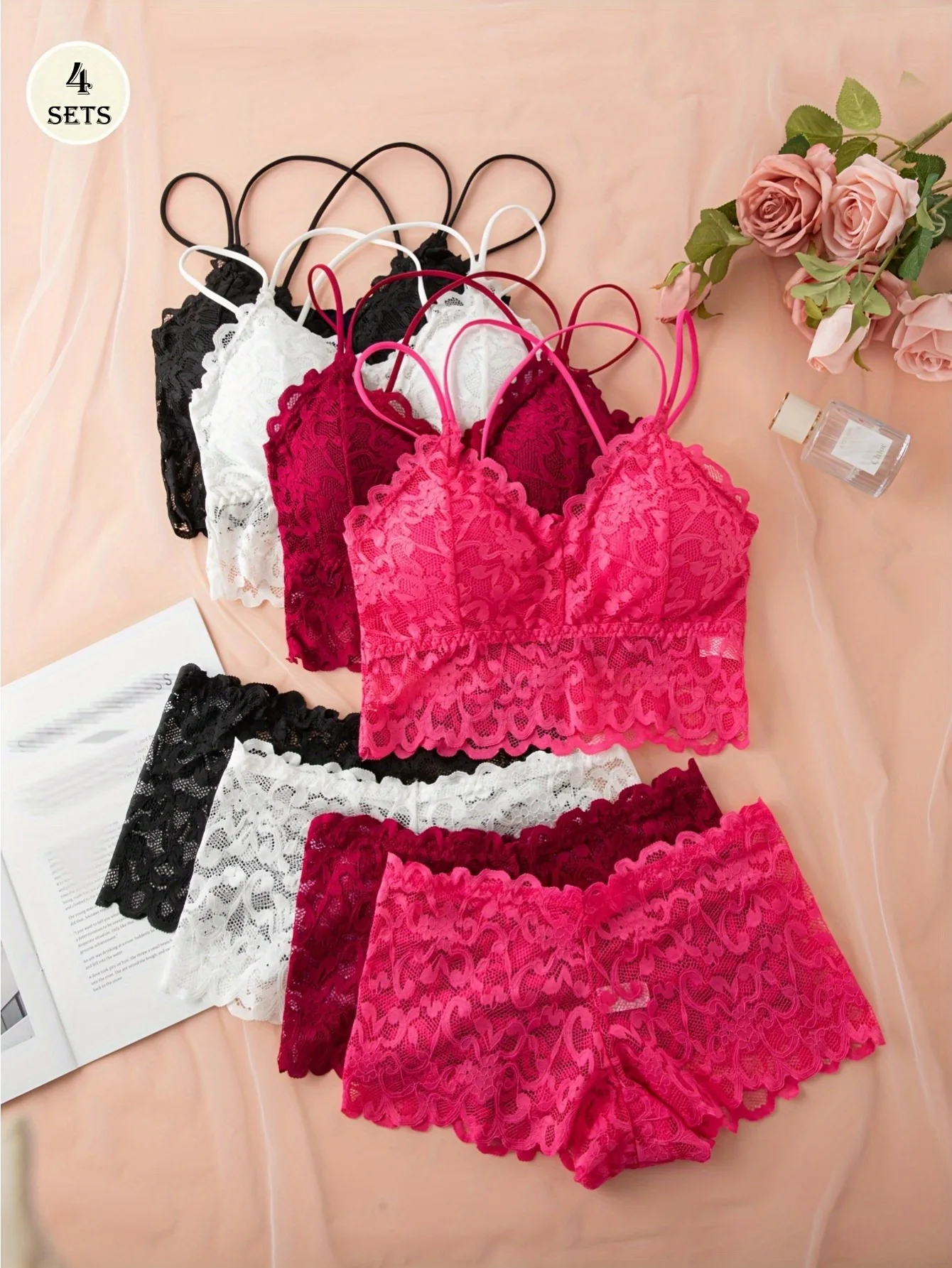 Conjunto de roupa íntima de renda feminina, 8 peças, 4 peças de sutiã + 4 peças de calcinha, design traseiro reunido sem fio para uso diário casual/moda