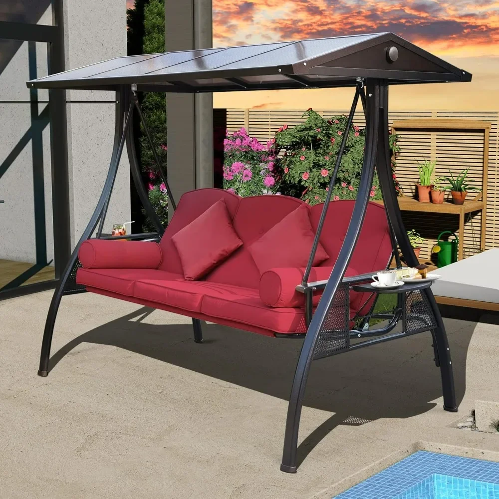 Outdoor Porch Swing with Polycarbonate Hardtop, 3 Seat Patio Swing with Convertible Backrest,2 Side Cup Holder,Thickened Cushion