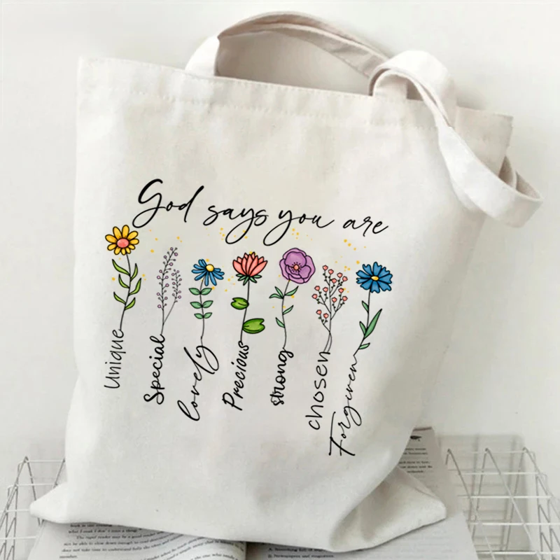 God Says You Are Christian Bible Verse Print Shoulder Bag Wildflower Design Tote Bags Women Religious Faith Canvas Shopping Bag