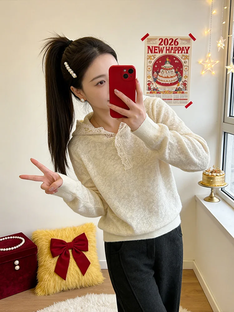 

Женская вязаная кофта с кружевной отделкой и капюшоном, модная повседневная многослойная одежда, весенняя, очень милая, с маленьким капюшоном, дышащая, приятная к телу.