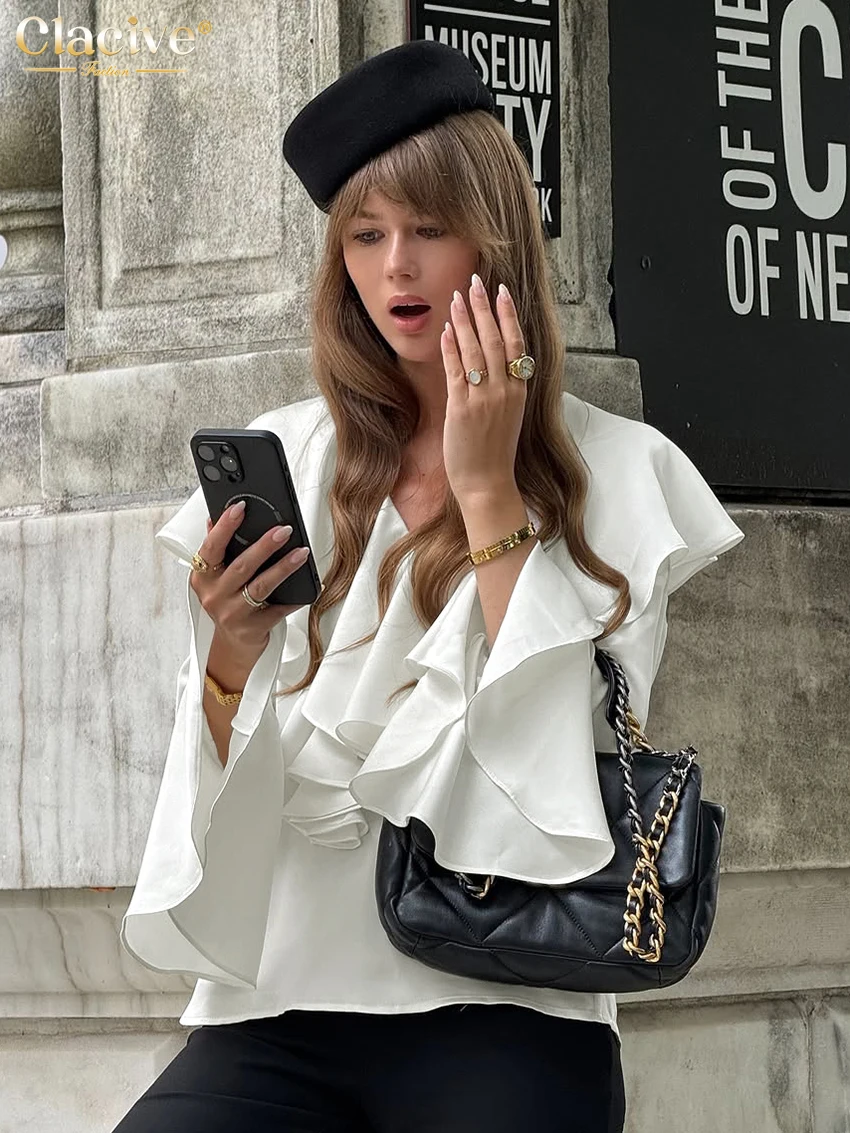 Clacive Fashion Loose White Satin Women's Shirt 2025 Casual V-Neck Long Sleeve Shirts Elegant Classic Solid Top Female Clothing