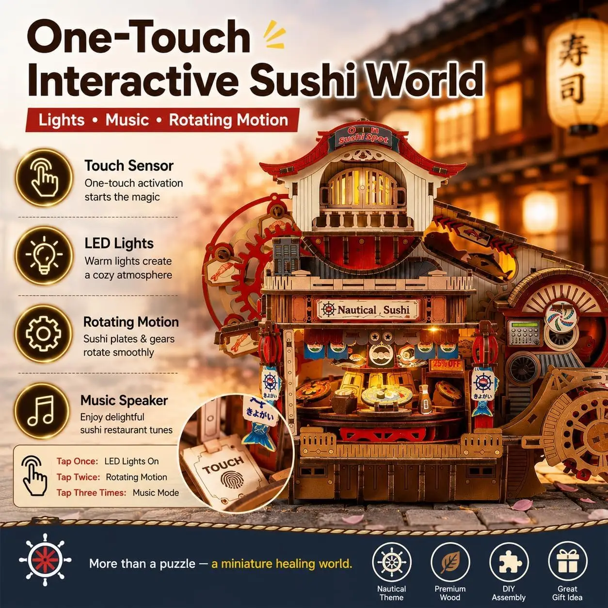 Japanese Sushi Shop Miniature House Kit DIY Mechanical Model with LED Lights Touch Sensor Music And Moving Features for Adults
