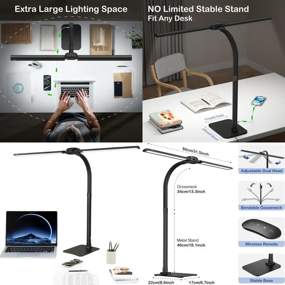 

Modern Dual-Head Adjustable Gooseneck LED Desk Lamp with 5 Color Modes, USB Charging, Remote Control, and Eye-Care Features for