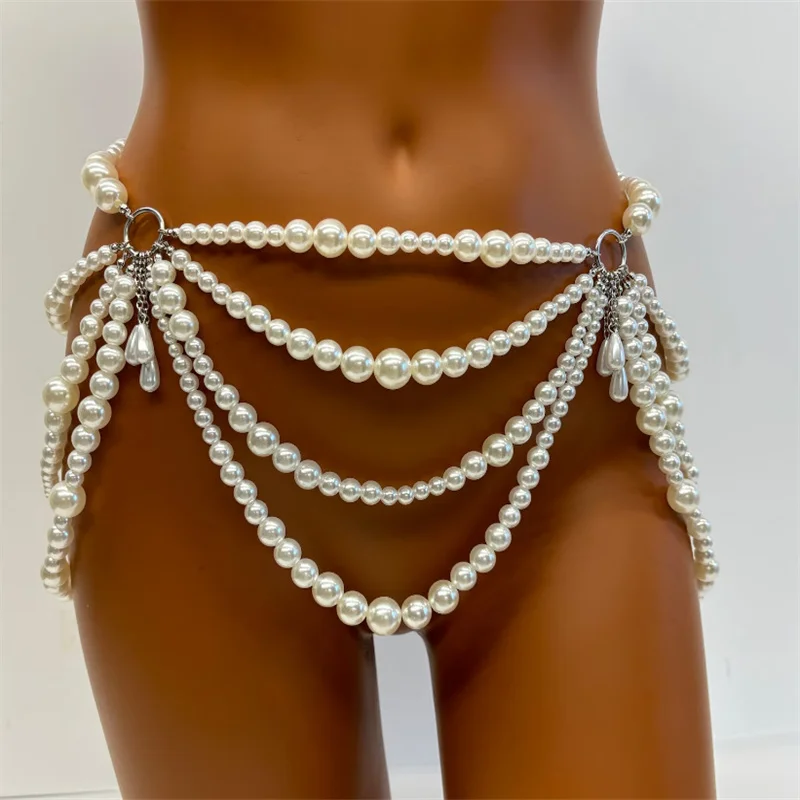 

Chic Ins European American High Street Holiday Fashion Handmade Pearls Belt Women Chain Sexy Lady Cummerbunds