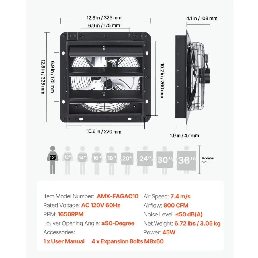 

10 inch Wall Mounted Attic Vent Fan with Variable Speed Controller 900 CFM AC Motor Heavy-duty Steel Low Noise for Shed Garage