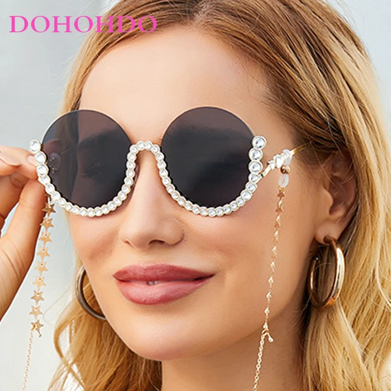 

Trendy Half Frame Circular Belt Chain Imitation Diamond Women's Sunglasses Luxury Designer Outdoor Travel Eyewear Ladies UV400