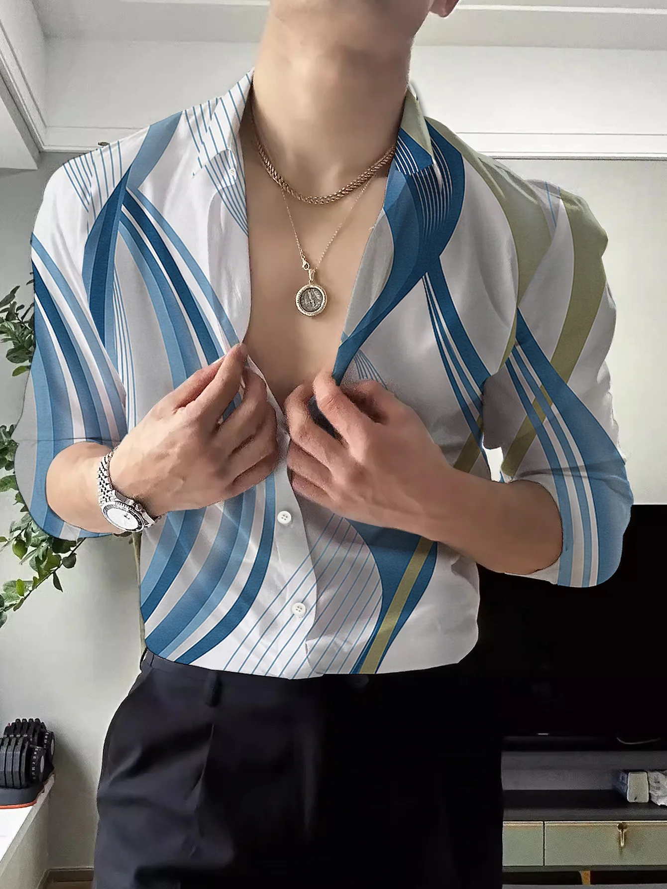 Men Long-Sleeve Button-Down Shirt White Blue Yellow Green Wave Stripe Print Polyester Lapel Collar Casual Top