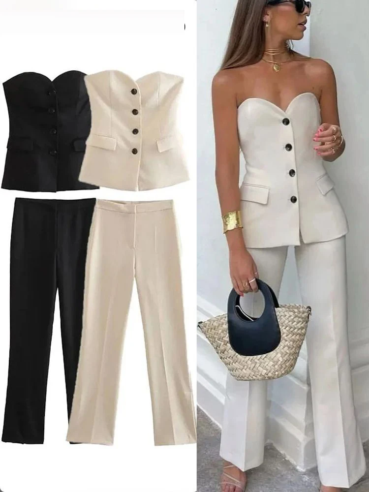 HH 2024 Women Fashion Solid Pant Suit Sleeveless Off Shoulder Single Breasted Tube Top+Simple All-match Straight Trouser Set