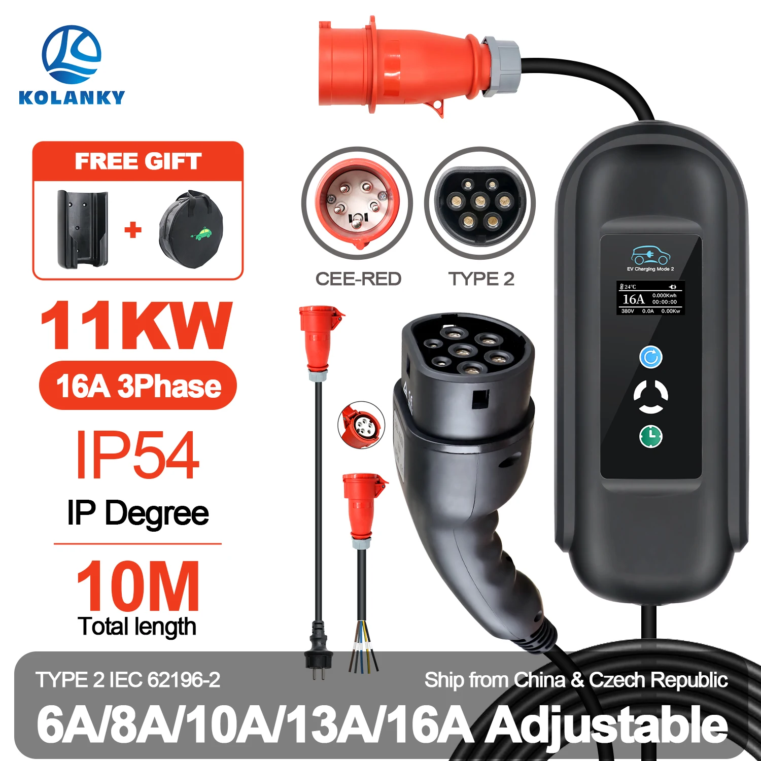 KOLANKY 16A 11 kW tragbares EV-Ladegerät Wallbox Typ 2 IEC-62169 Standard-Ladetimer für Elektrofahrzeuge, Hybrid-Autos, Kabel 10 m