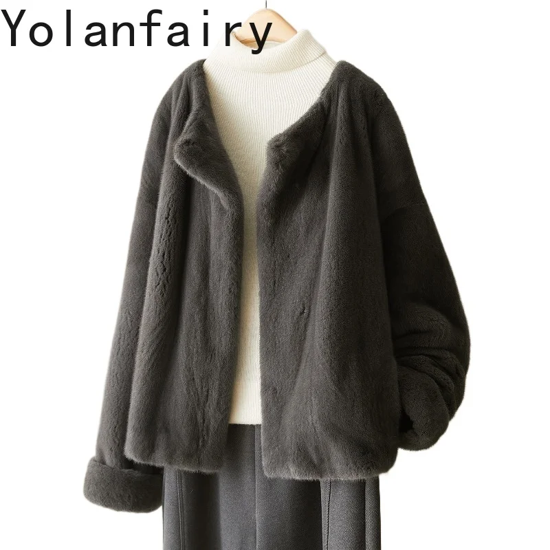 

YOLANFAIRY Натуральный мех норки, элегантное осенне-зимнее пальто, роскошная куртка из цельного натурального меха норки, короткое серое меховое пальто