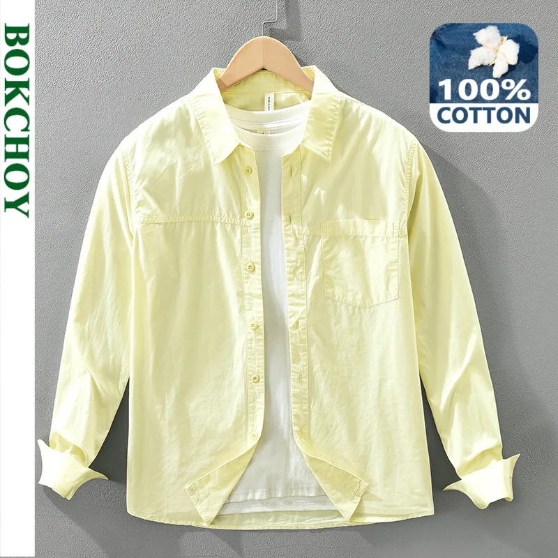 

2025 Autumn New Simple Multi Color 100% Cotton Comfort Shirt for Men Seagull Collar Sense of Layering Streetwear Men Tops CM7718