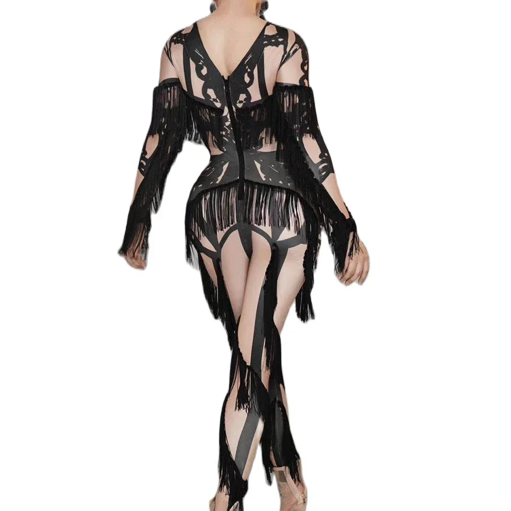 Tuta da donna elasticizzata attillata con stampa nappa a maniche lunghe nera Costume da cantante DJ da ballo