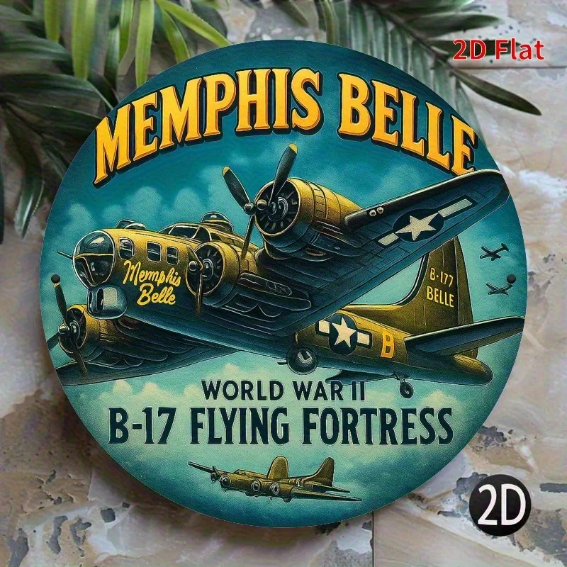 Memphis Belle B-17 Flying Fortress Metal Wall Art, 2D Flat WWII Aircraft Round Sign, Heavy Iron Military Decor for Home Office G