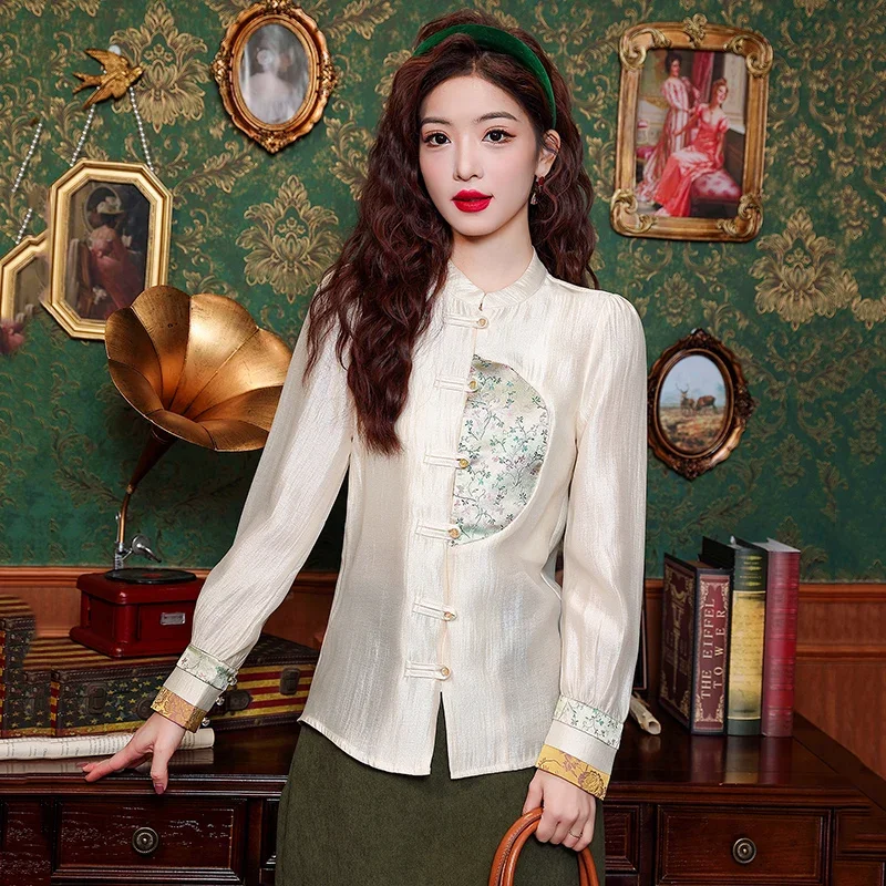 Satin Chinese Style Women\'s Shirt Spring/Summer Embroidery Vintage Blouses Loose Full Women Tops Fashion Clothing