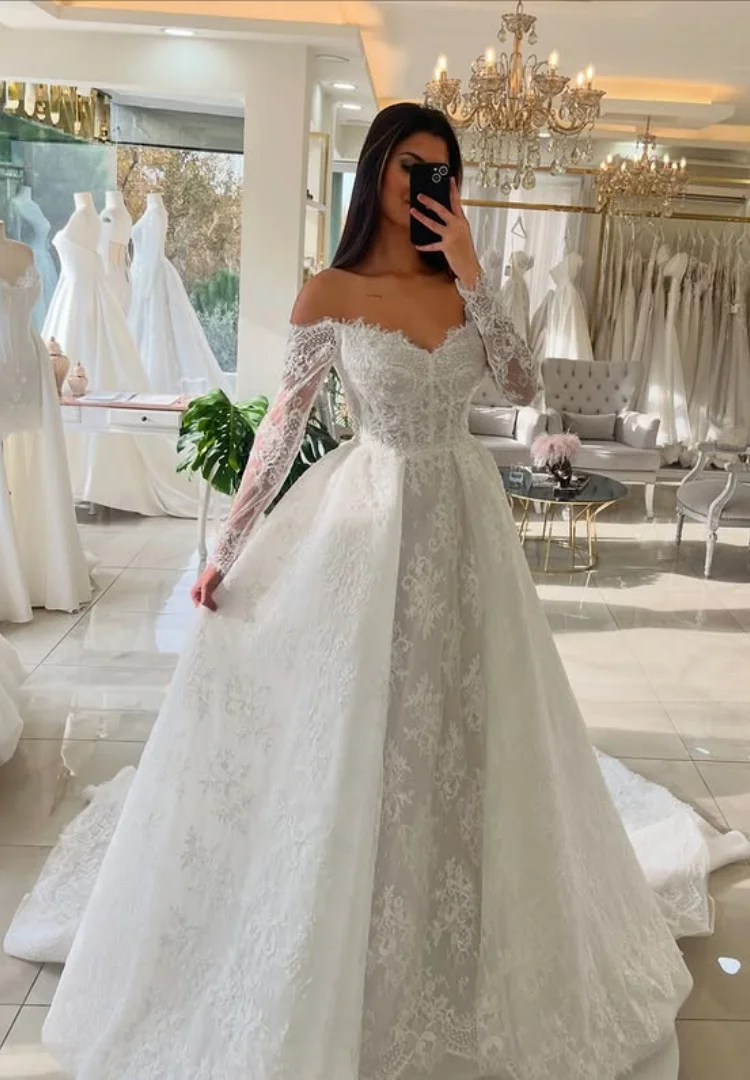 Vestido De Novia Encaje Ball Gown Wedding Dress manga larga elegante Blanco Vestidos Con Corse Alta Calidad Bespoke Vintage Boda