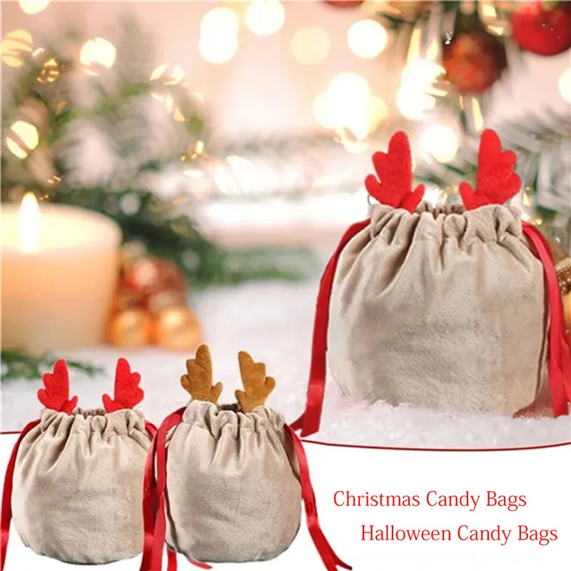 5pcs Christmas Drawstring Velvet Gift Bag Reindeer Antlers Candy Packaging Bags Gifts Pouches Christmas Wedding Party Supplies