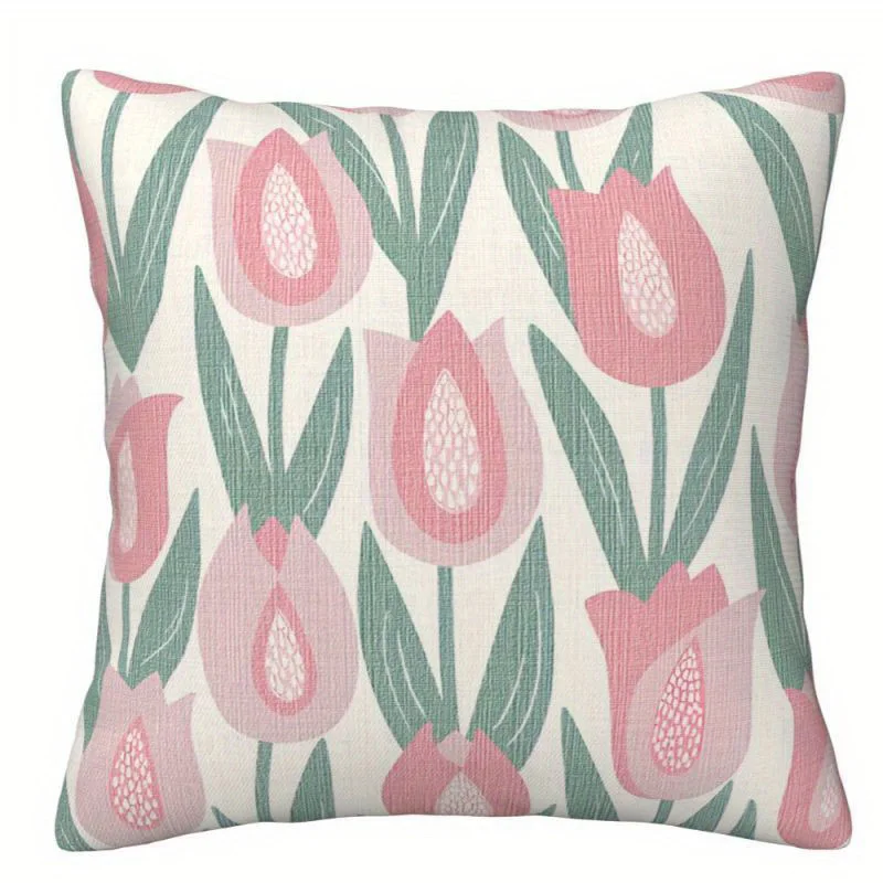 1pc Fresh Pink & Green Floral Pillow Cover, 2D Double-Sided Polyester Cushion Case, Daisy & Tulip Decor, Gift for Flower Lov