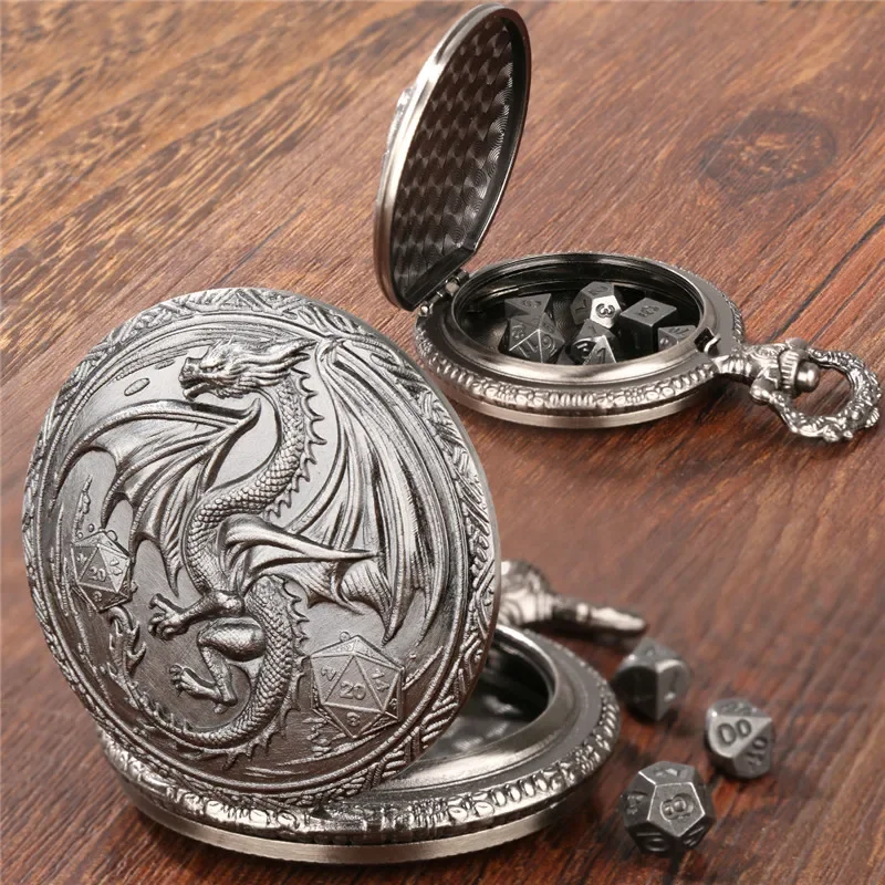 Creative Dragon Wings with D20 Dice Pocket Watch Case Fob Chain with 7 X Mini Size Metal Polyhedral Dice RPG Table Board Game