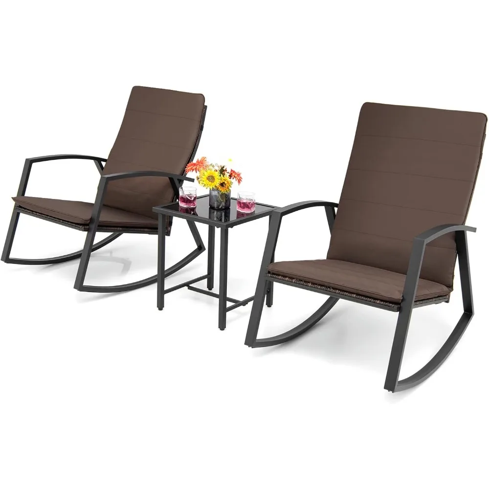 3 piece rocking bistro set, patio rattan rocking chair set with coffee table & 2 high back cushions, rocking furniture set for