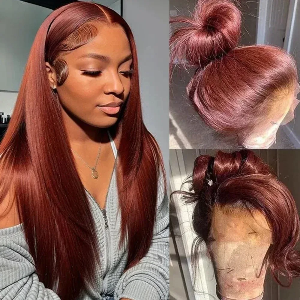 Reddish Brown Straight 13x4 Hd Synthetic Lace Front Wig Red Heat Resistant Glueless Colored Wear And Go Pre Plucked Women Daily 5