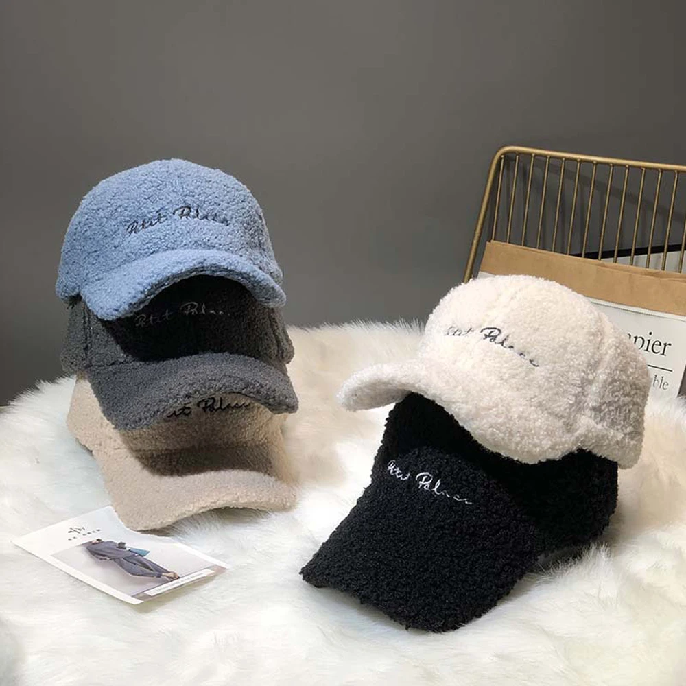 

Autumn and winter lambskin cap Korean style all-match winter warm plush hat unisex student letter baseball cap