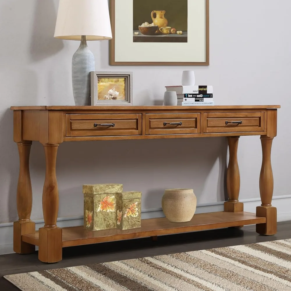 

Antique Sofa Table ,Console Tables with 3 Drawers & Bottom Open Shelf, Solid Wood, 63.38" W X 14.56" D X 30" , Sofa Table