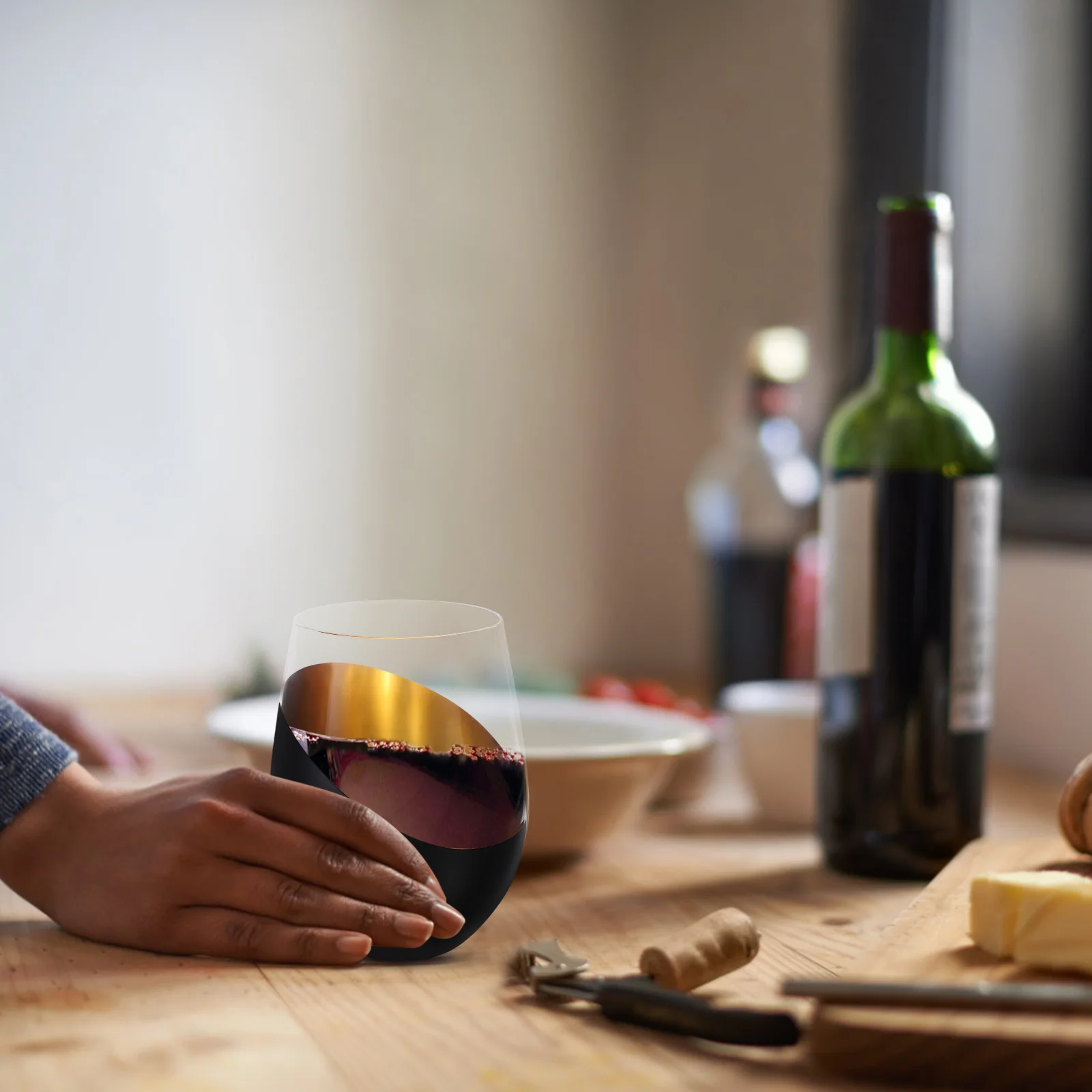 

Black Gold Egg Cup Stemless Wine Glass Clear Wine Glass Cup Comfortable Grip for Home Office Party 70th Birthday Decorations Men