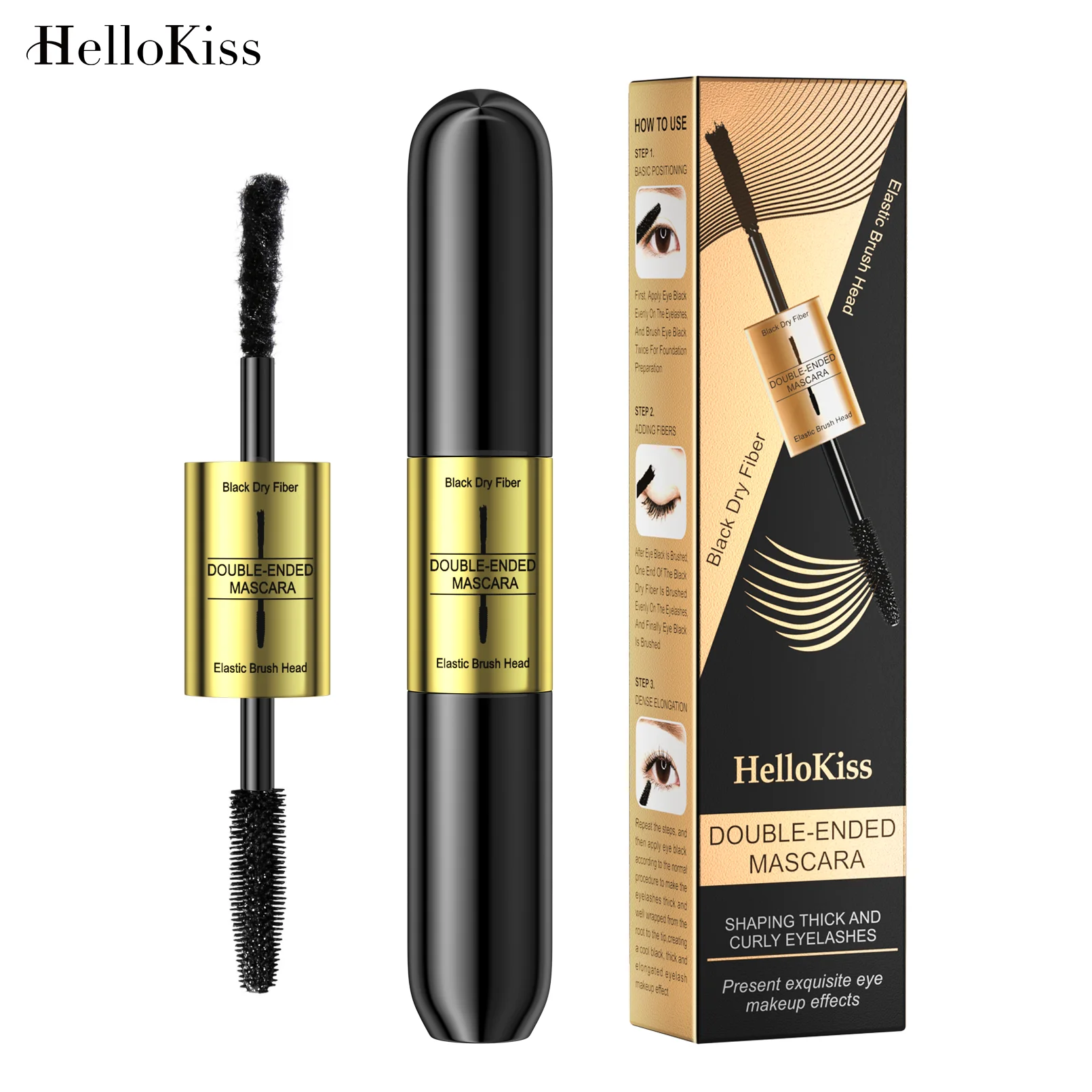 Double-Ended 3D Black Eyelashes Mascara, impermeável, grosso, duradouro, extensão do chicotadas, fibra de seda, alongamento, volume, maquiagem