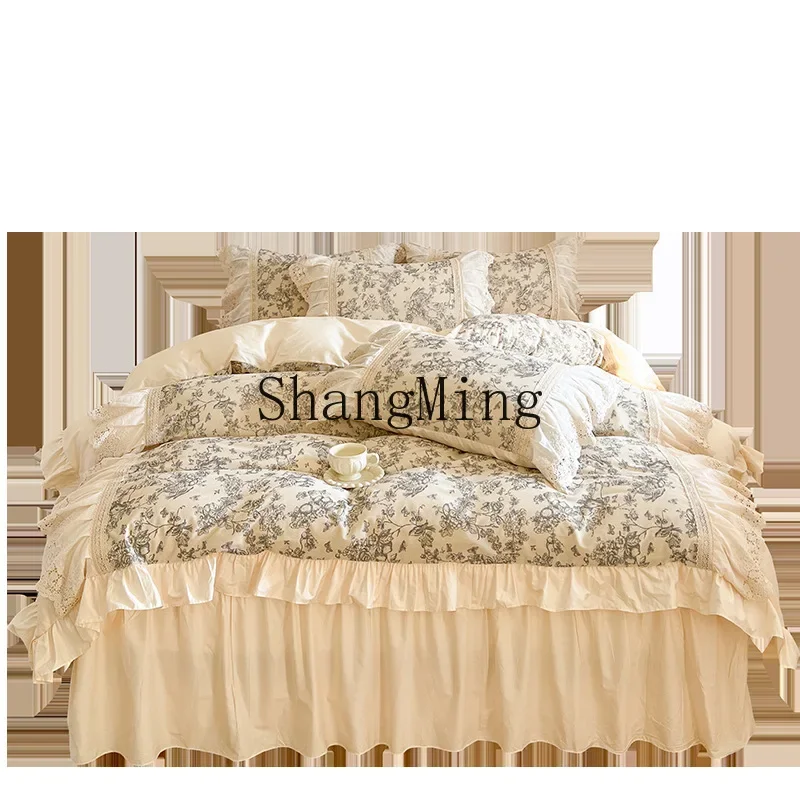 DSA retro pastoral flower cotton bed four-piece set of pure cotton hollow lace quilt cover bedding