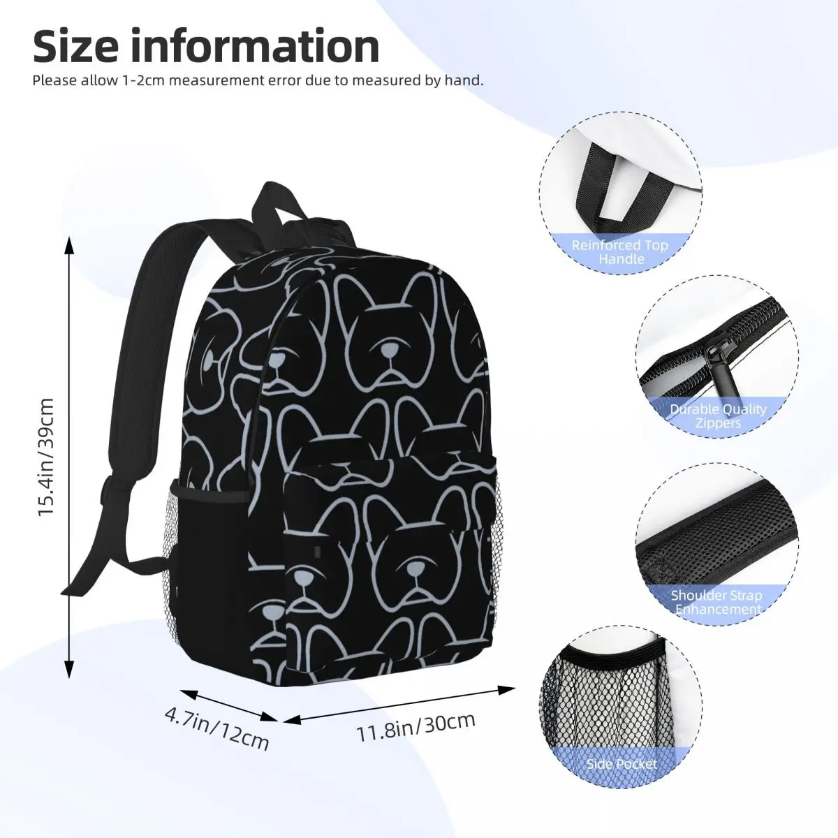 French Bulldog Face Silhouette In Light Gray On Navy Backpack Student BookBag Men Women School Bag Computer Shoulder Bags