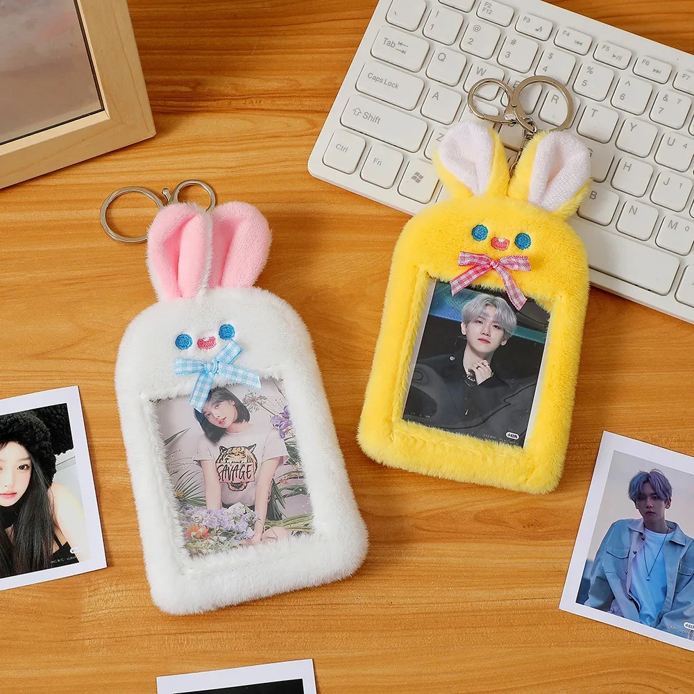 Cute Plush Rabbit Photocard Holder Kpop Idol Photos Card Holder Girl Keychain ID Credit Protector Office Japanese Stationery 1PC