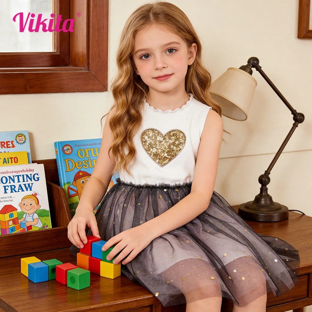 VIKITA Girls Gold Sequined Heart Shape Appliqued Sleeveless Dress Kids Glitter Sparkle Star Grey Tulle Mesh Princess Party Dress